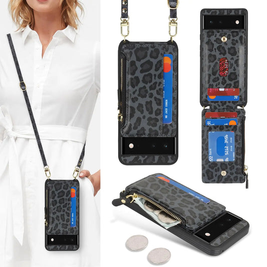 Coming Soon Cavor for Google Pixel 6 Case Wallet,Phone Case for Pixel 6 Crossbody Case with Strap,Pixel 6 Wallet Case for Women,Leather Zipper Pocket Card Holder Case-Leopard Black