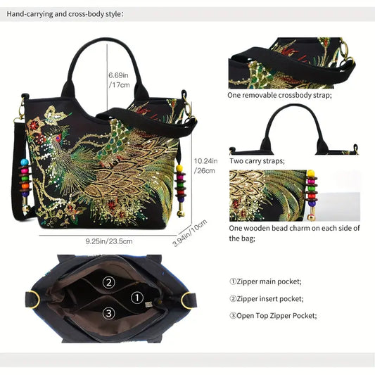 Elegant Embroidered Retro Satchel – Double Handle Handbag with Strap